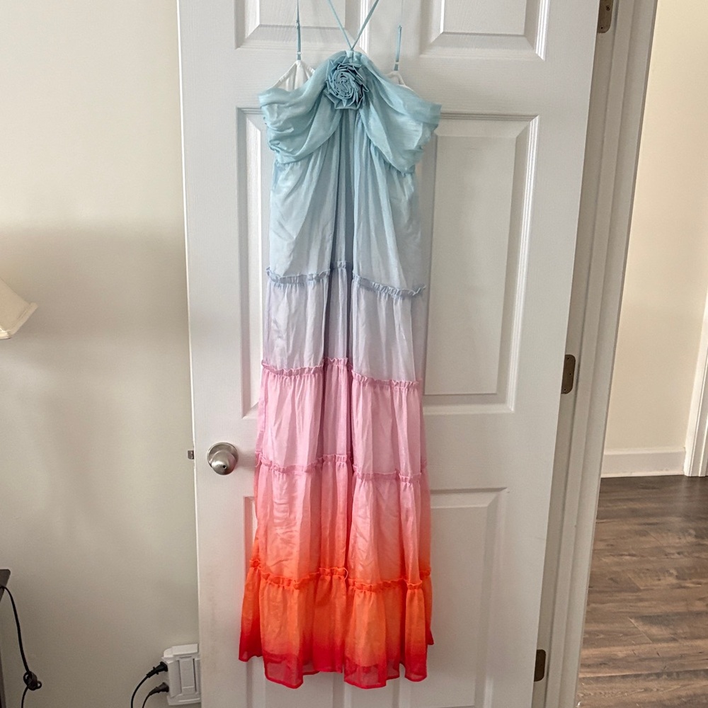 Mainstrip Tiered Ombre Maxi Dress with Floral Accent - Light Blue to Coral Pink